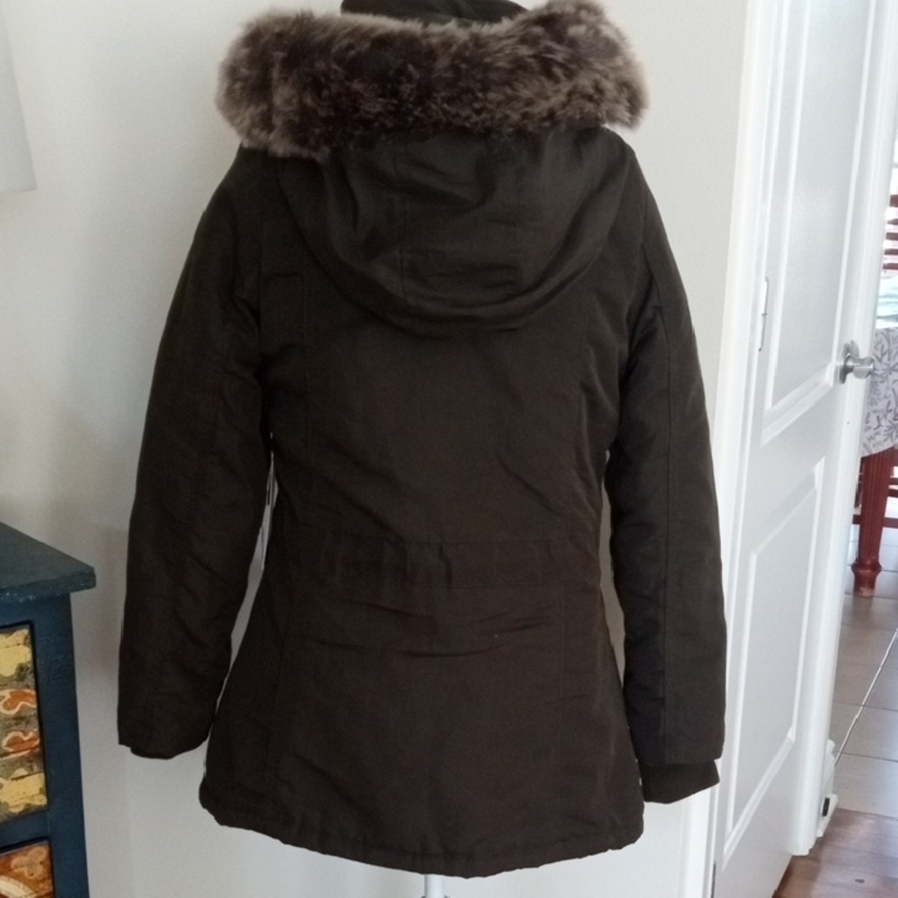 Women's Dark Green Parka Coat with Fur Trim - Picture 3 of 11